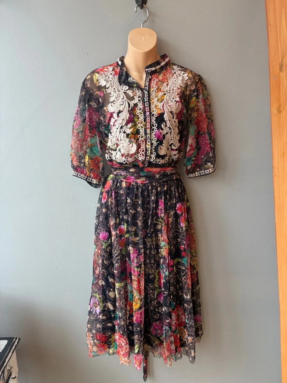 Johnny Was Mazzy Black Sheer Floral Midi Dress with White Embroidery - Picture 2 of 8